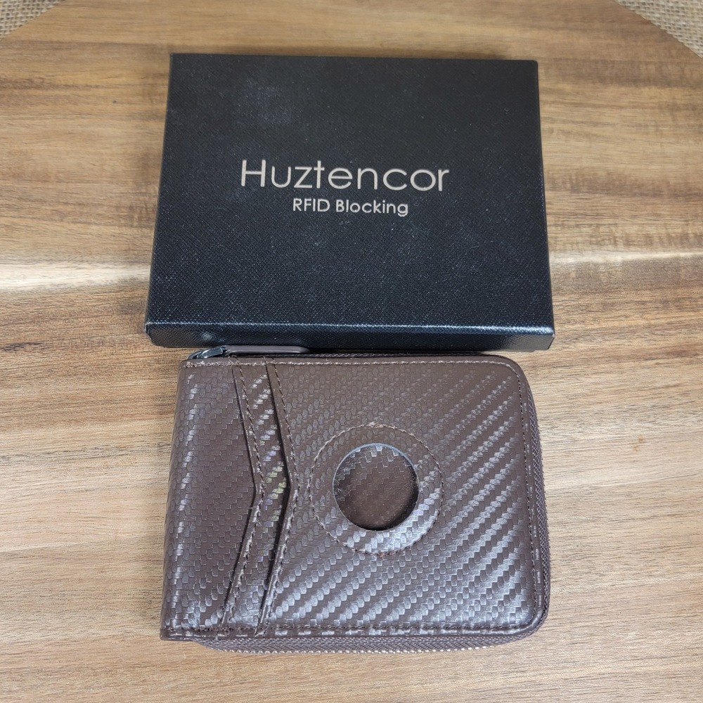 Huztencor RFID Blocking Carbon Fiber Bifold Zip Wallet Brown Minimalist Men's